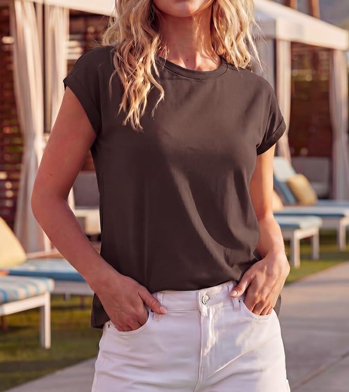 GRECERELLE Womens Summer Tops Cap Sleeve Crew Neck Basic T-Shirt | Everyday Casual Wear, Layering Friendly, Wrinkle-Resistant, Business Casual Ready, Lightweight & Packable, Capsule Wardrobe - Image 2