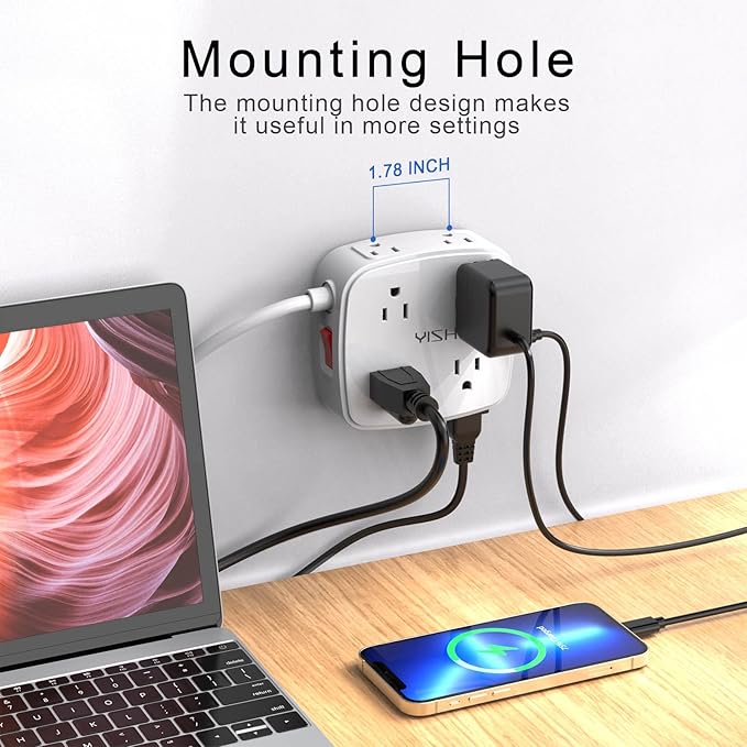 10 Ft Surge Protector Power Strip - YISHU 3 Side Outlet Extender with 8 Widely AC Outlets and 4 USB Ports, 10 Feet Extension Cord with Flat Plug, Wall Mount Desk USB Charging Station, ETL,White - Image 3