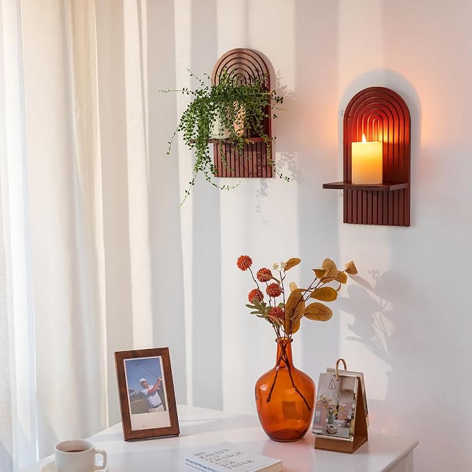Mid Century Modern Walnut Wall Candle Holder Set of 2 | 3D Arch Candle Sconces, MCM Decor, Wooden Minimalist Shelf, for Plants or Pillars, for Living Room Fireplace - Image 7