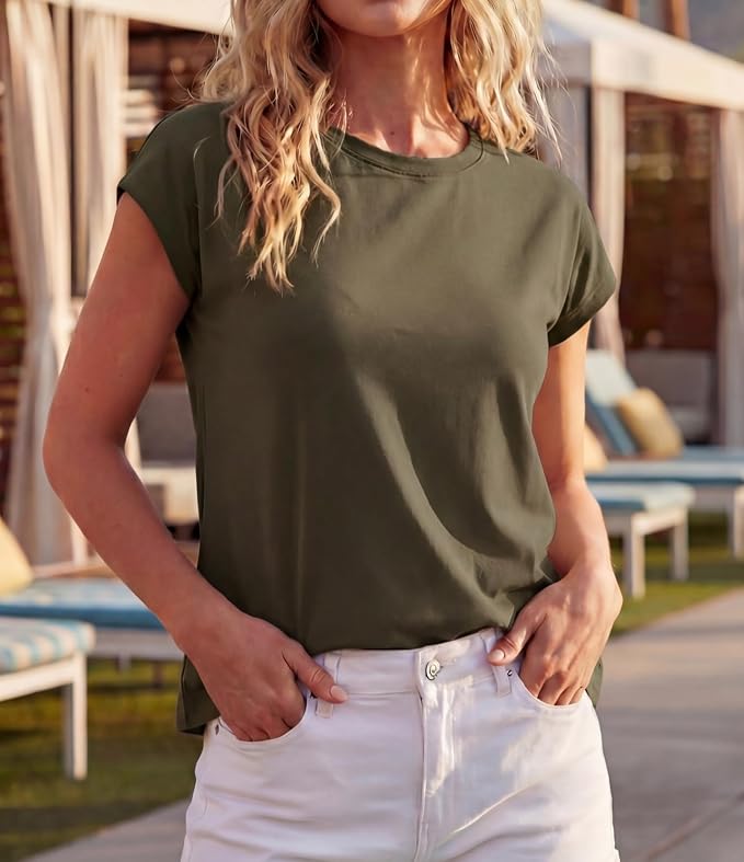 GRECERELLE Womens Summer Tops Cap Sleeve Crew Neck Basic T-Shirt | Everyday Casual Wear, Layering Friendly, Wrinkle-Resistant, Business Casual Ready, Lightweight & Packable, Capsule Wardrobe - Image 2