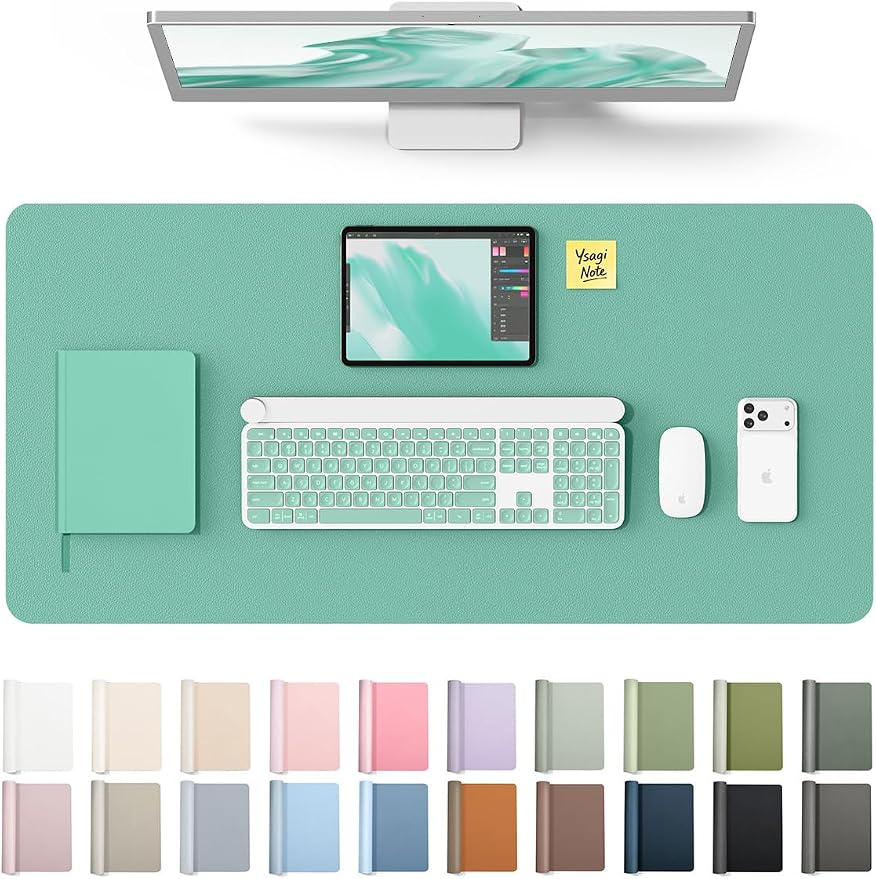 YSAGi Leather Desk Protector, Office Mat, Large Mouse Mat, Non-Slip PU Leather Blotter, Laptop Desk, Waterproof Writing Pad for Office and Home (Green-Blue, 35.4" x 17") by YSAGi