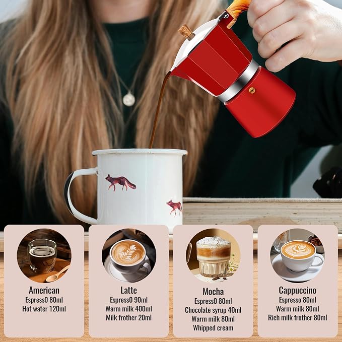 3 Cup Aluminum Moka Pot Classic Stovetop Espresso Coffee Maker 150ml 5oz Coffeemaker Percolator Mocha Pot Greca Coffee Maker Cafe Makers for Italian and Cuban Café Brewing Red - Image 7