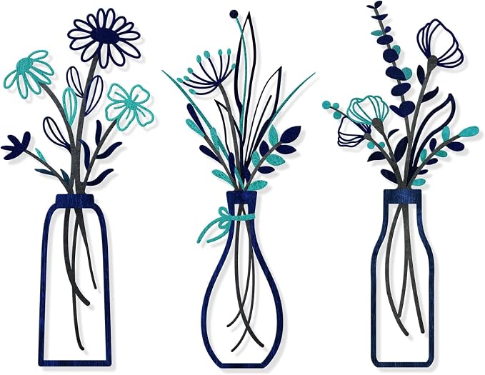 Pigort 3 Pieces Metal Flowers Wall Arts - Rustic Farmhouse Style Décor Metal Wall Art Black Minimalist Flower Natural Themed Wall Decors for Home Bedroom Dining Room Housewarming (Blue) by Artisinfiniteloveiseternaljustlikepi
