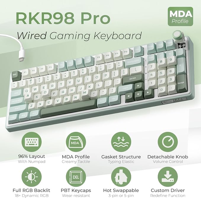 RK ROYAL KLUDGE R98 Pro Wired Mechanical Keyboard, RGB PC Gaming Keyboard with Number Pad and Volume Knob, Gasket Mount, MDA Profile PBT Keycaps, for Win/Mac, Hot Swappable Linear Cream Switch - Image 2