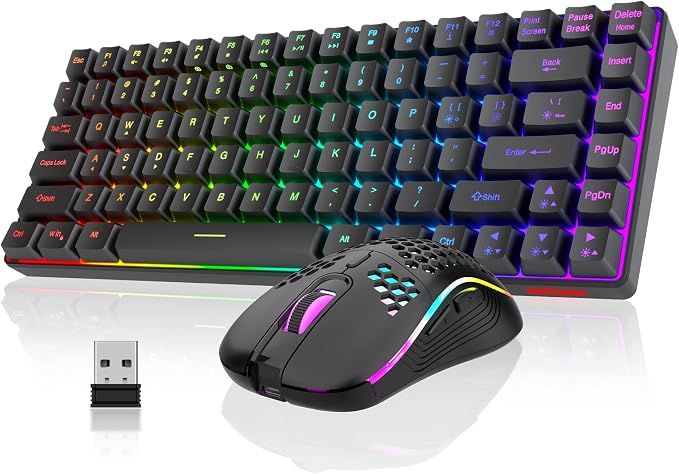 RedThunder K84 Wireless Keyboard and Mouse Combo, Rainbow Backlit Rechargeable Battery, 75% Layout TKL Ultra Compact Gaming Keyboard & Lightweight 3200 DPI Honeycomb Optical Mouse (Black) by RedThunder