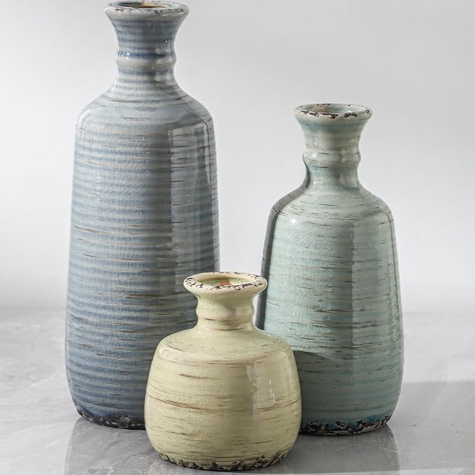 Ceramic Vase Set of 3, Rustic Neutral Vases Home Decor Farmhouse Decorative Flower Vase Modern Boho Pampass Vases for Table Mantel Entryway Shelf Living Room Kitchen Bathroom - Multicolor by ooit