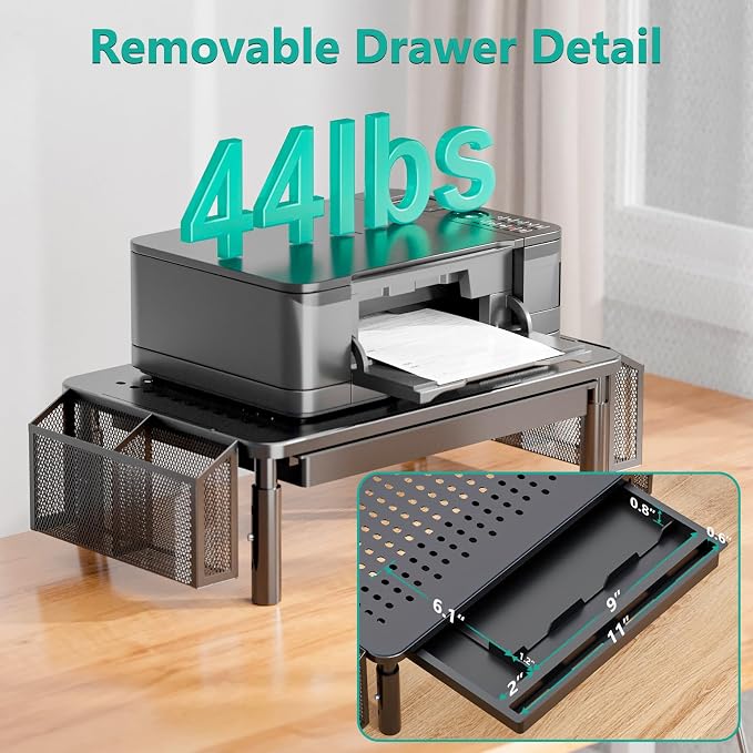 WALI Computer Monitor Stand with Storage, Desk Organizer with Drawer and Pen Holder, Desk Monitor Riser 3 Height Adjustable, Laptop Riser for Computer, Laptop, Printer (STT003DH-B), 1 Pack, Black - Image 3