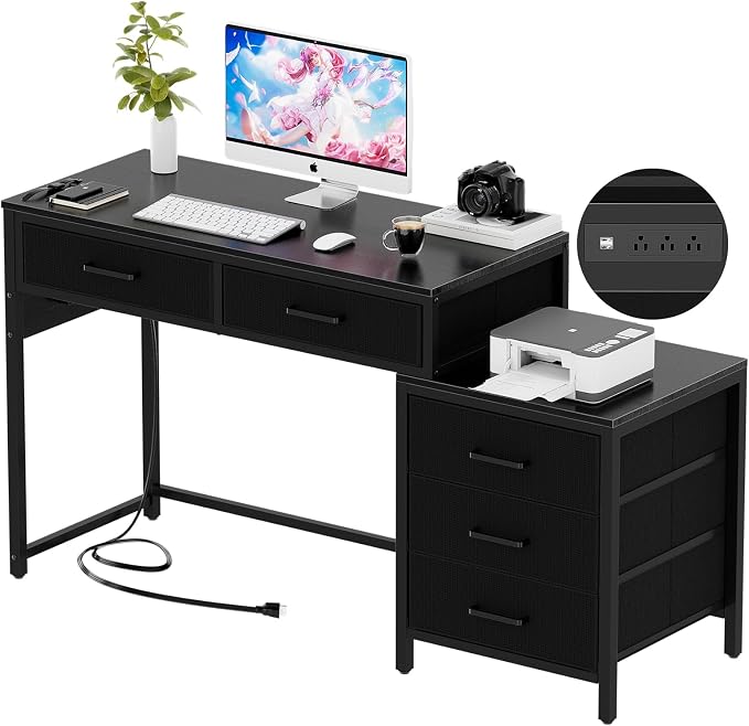 Unikito Reversible Computer Desk with 5 Drawers, Sturdy Office Desk with Power Outlets and USB Ports, Corner Writing Table with File Cabinet & Printer Stand, Vanity Desk with Storage, Black by Unikito