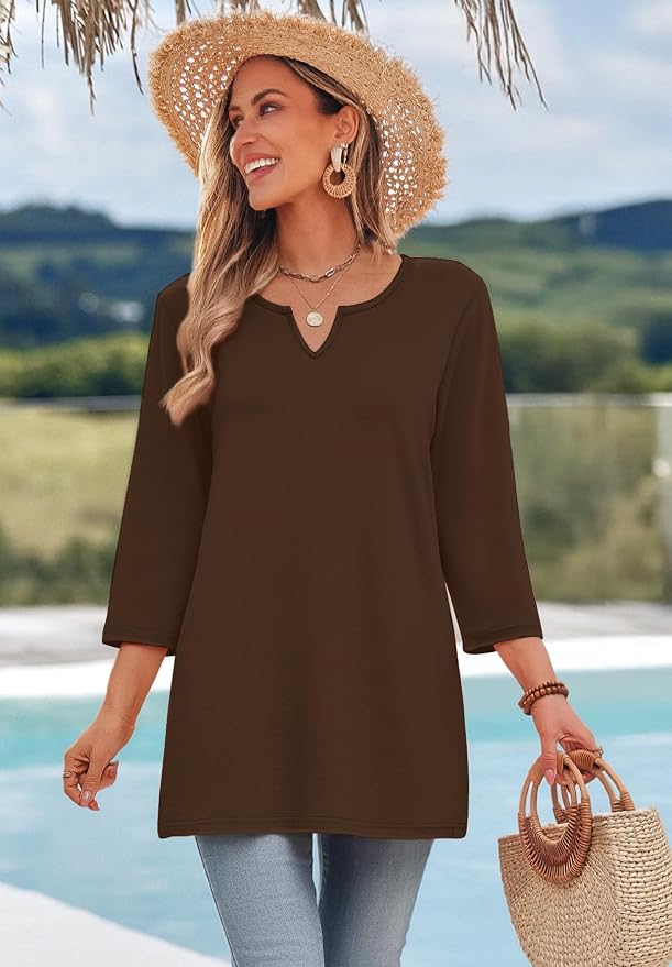 OFEEFAN Summer Boho Tops For Women 3/4 Length Sleeve Womens Tops Vacation Outfits - Image 3