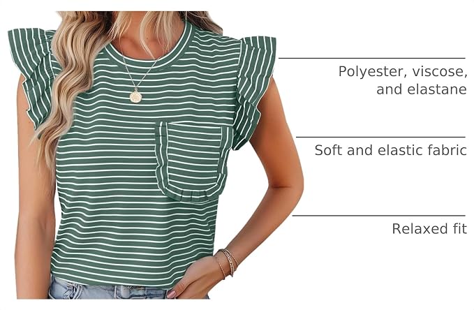 JUSTFASHIONNOW Womens Summer Tops Striped T-Shirts 2026 Ruffle Short Sleeve Crew Neck Casual Blouses with Pocket - Image 4