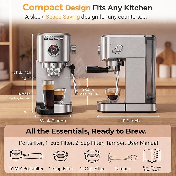 Oaomi Espresso Machine 20 Bar, Compact Expresso Coffee Machines with Milk Frother,Stainless Steel Espresso Maker with 39oz Removable Water Tank for Latte Cappuccino etc (Silver) - Image 5