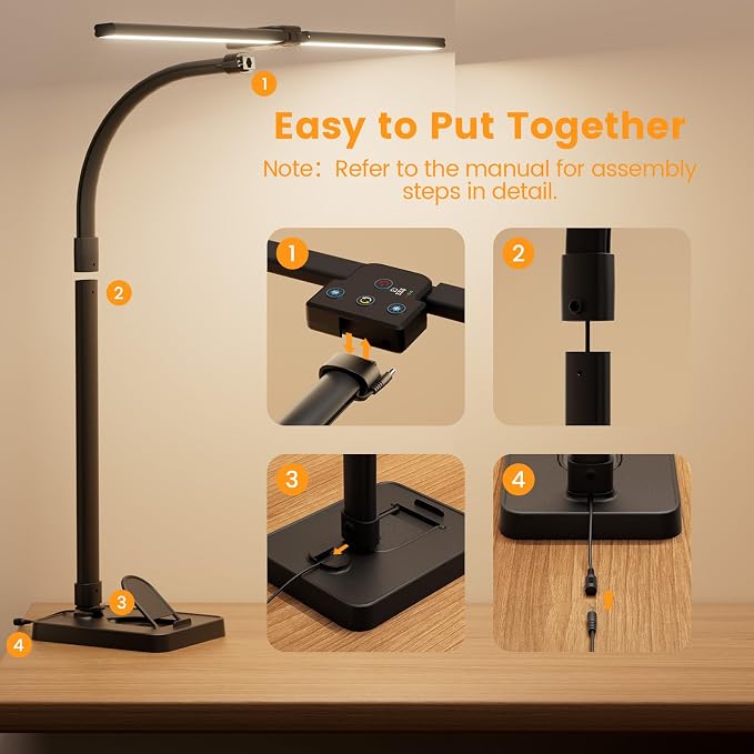 LED Desk Lamp with Base - Bright Dimmable Computer Lamp with Phone Holder, 24W Bendable Desk Light for Monitor Screen, Eye-Caring Tall Desktop Light for Task Home Office Work, Black, Dual Head - Image 2