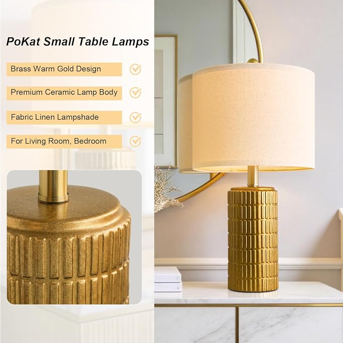 PoKat 20.75" Brass Gold Ceramic Table Lamps Set of 2 for Living Room, Small Retro Bedside Lamps for Bedroom, Nightstand Lamps for Home Decor, Vintage Bronze Decorative Lamp Sideboard Side Table Gifts - Image 3