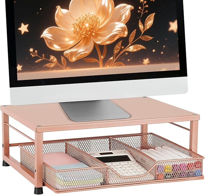 Small Laptop Stand for Desk, Monitor Stand Riser, Office Desk Accessories, Computer Desktop Stand with Drawer for Home, Office, School (Bronze) by Illuminatinglifewiththewarmthandloveoflight
