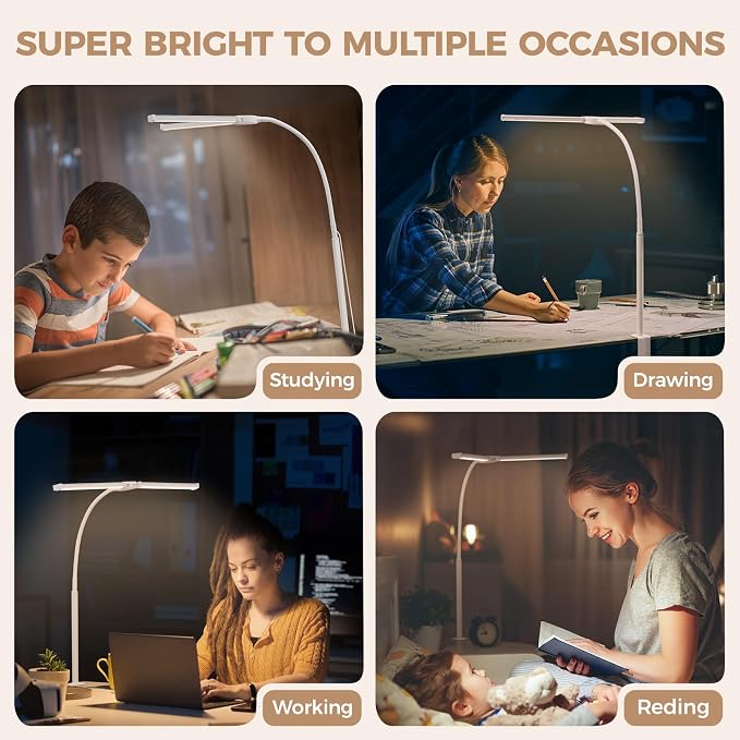Voncerus LED Desk Lamp for Home Office, Double Head Desk Light with Clamp | 3 Modes 10 Brightness, Long Flexible Goose-Neck, Eye-Caring, Memory Function, Energy Efficient, USB Adapter, Metal, White - Image 6