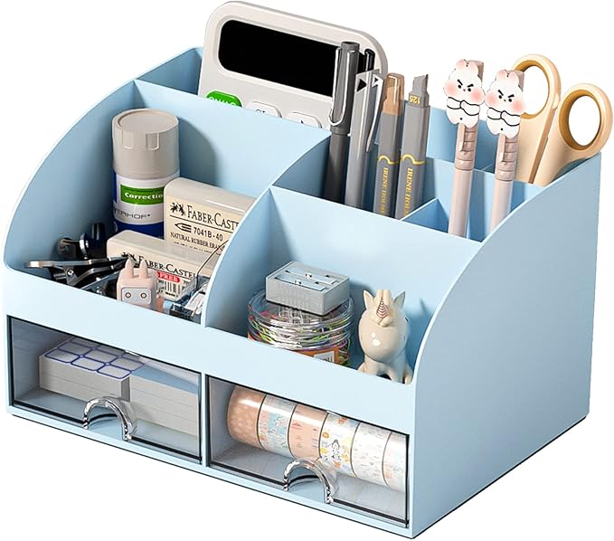 COMFYROOM Desk Organizer with 6 Compartments and 2 Drawers, Plastic Makeup Organizer, Pen Holder for Desktop Storage, Desk Organization for School, Home, Office Supplies (Blue) by COMFYROOM