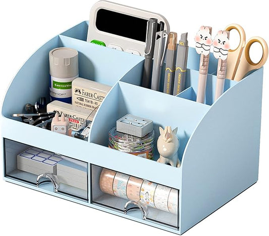 COMFYROOM Desk Organizer with 6 Compartments and 2 Drawers, Plastic Makeup Organizer, Pen Holder for Desktop Storage, Desk Organization for School, Home, Office Supplies (Blue) by COMFYROOM