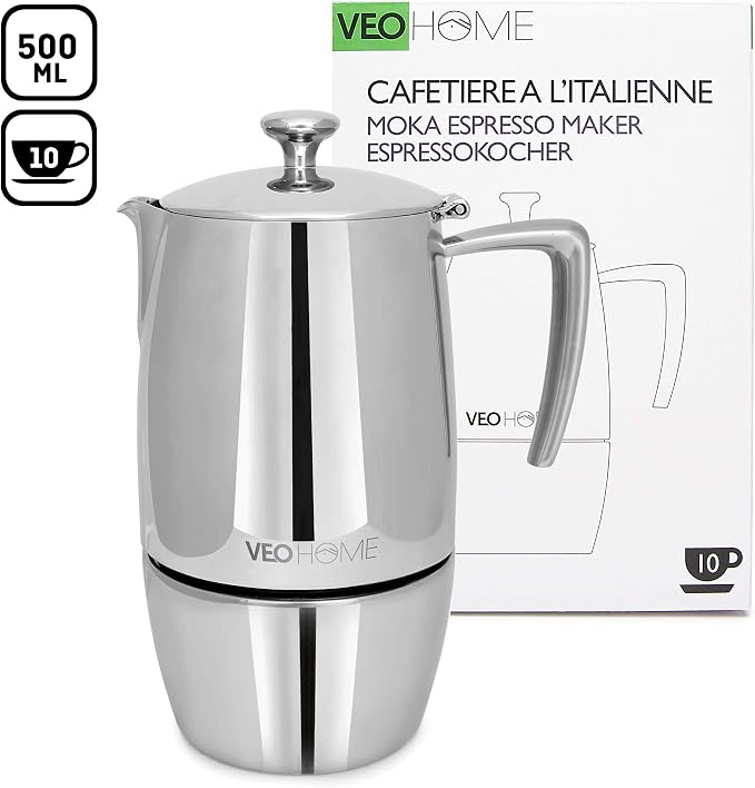 VeoHome Stovetop Espresso Coffee Maker - 10 Cups 500ml Multi-Stove Stainless Steel Induction Moka Pot - Unbreakable and Dishwasher-Safe Italian Style Caffe Machine - Image 9