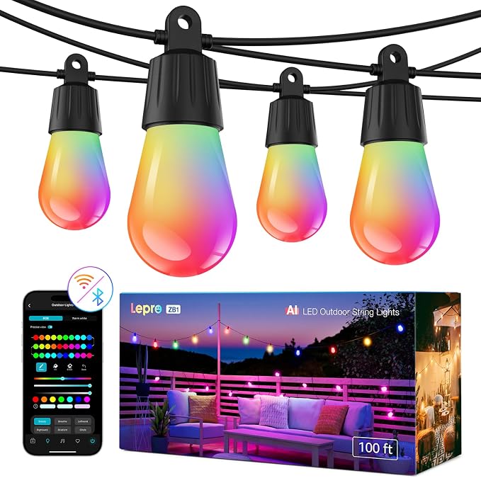 Lepro ZB1 AI Smart Outdoor String Lights APP Control, 100(88+12) ft RGB+IC+Warm White Outdoor Light 30 LED Bulbs, NOT Extendable, Alexa Google Enabled, Music Sync, NO Remote, 2.4 GHz WiFi+Bluetooth by Lepro