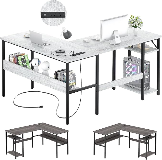 Unikito L Shaped Computer Desk with Magic Power Outlets and USB Charging Ports, Sturdy Reversible Corner Desk with Storage Shelves, Modern Work Desk for Home Office, Easy to Assemble, White Oak by Unikito