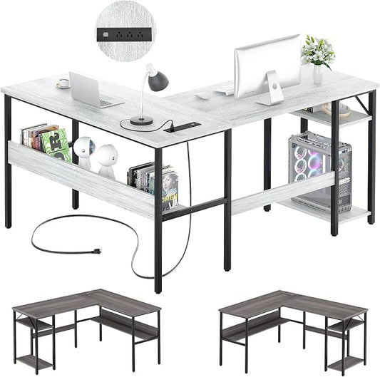 Unikito L Shaped Computer Desk with Magic Power Outlets and USB Charging Ports, Sturdy Reversible Corner Desk with Storage Shelves, Modern Work Desk for Home Office, Easy to Assemble, White Oak by Unikito