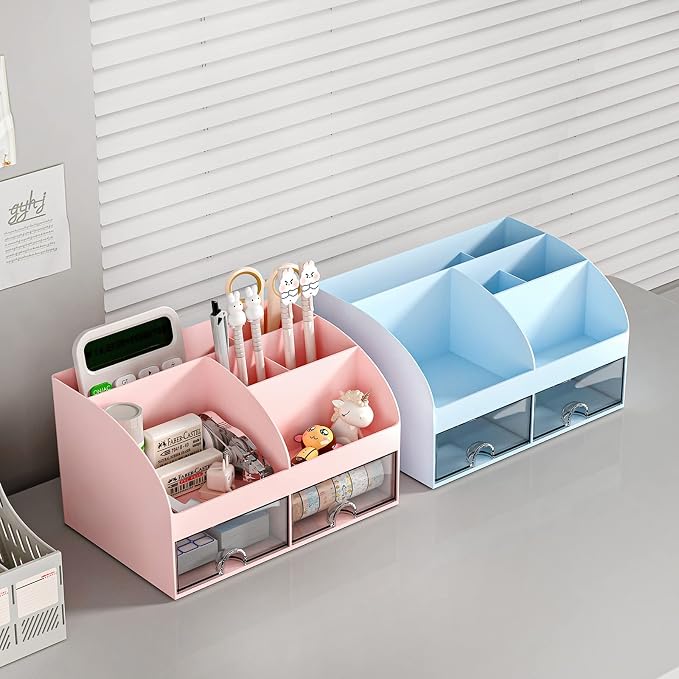 COMFYROOM Desk Organizer with 6 Compartments and 2 Drawers, Plastic Makeup Organizer, Pen Holder for Desktop Storage, Desk Organization for School, Home, Office Supplies (Pink) - Image 5