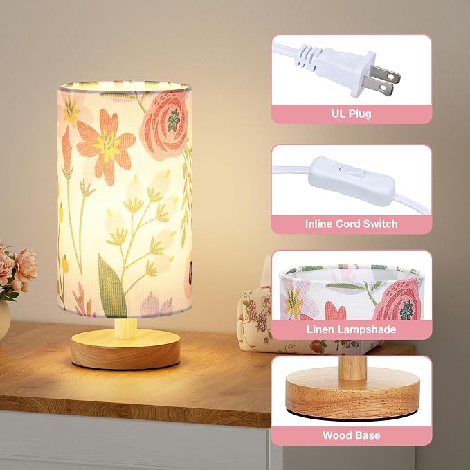 Fenmzee Small Table Lamps (Floral White Shade, 9" Inline Control) | 3000K LED Blub Included | 680 Lumens | Easy Assembly | Minimalist Design | E26 | for Kitchen | for Kids Room - Image 2