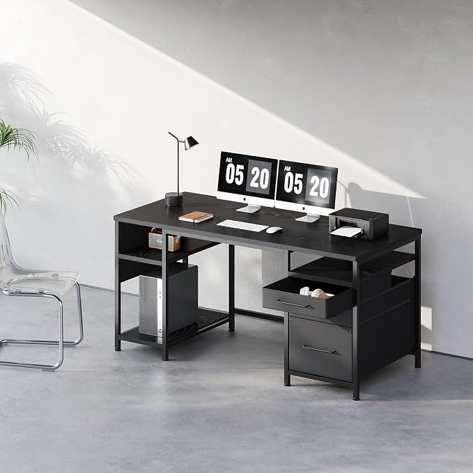 Maihail Small Desk with Drawers, Office Desk with Storage Shelves, Black | 59 Inch Desktop, Metal Frame, 3 Fabric Drawers, Storage Shelves, Computer & Writing Desk, Office Gaming Workstation - Image 2