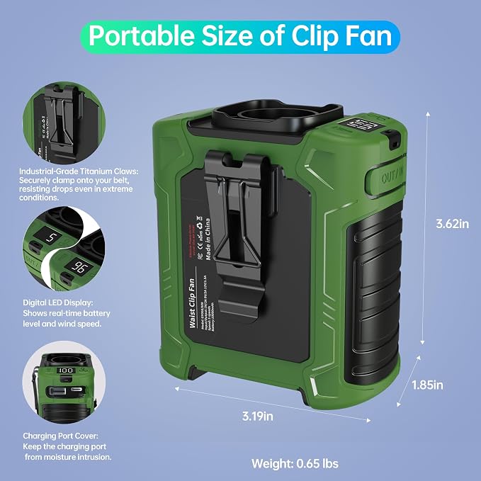 Waist Fan, 10000mAh Rechargeable Belt Clip Fan, 59ft/s Turbo Airflow, 18500RPM 6-Speed, Up to 35H, 8-in-1 Hands-Free Personal Fan with Bottom Air Intake, LED SOS Light for Travel, Camping, Daily Use - Image 7