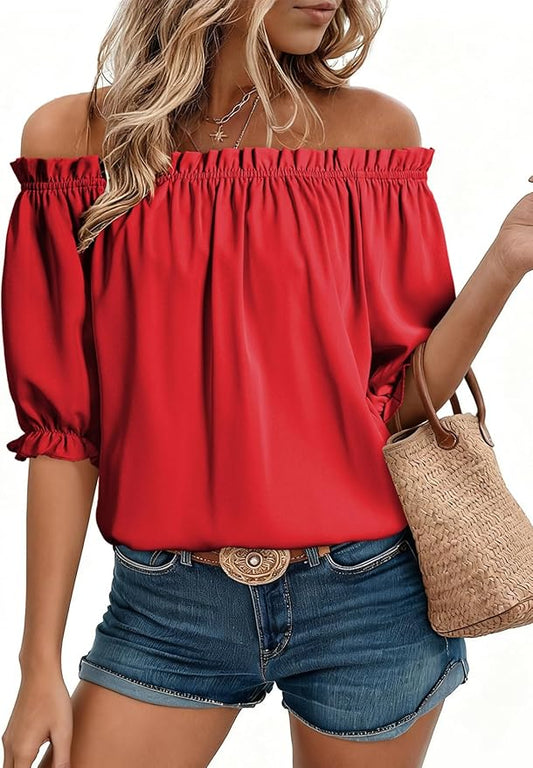 EVALESS Womens Tops Off The Shoulder Blouses for Women Dressy Casual Cute Puff Sleeve T Shirts Fashion 2026 by EVALESS