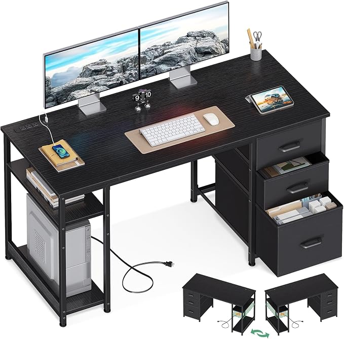 AODK 51 Inch Computer Desk with Drawers & USB Power Outlets | Reversible Home Office Desk with Storage Shelves, Work from Home, Modern Work/Writing/Study Table for Bedroom, Black by AODK
