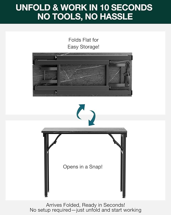 Frylr Small Folding Computer Desk – 35.8 Inch Portable Table for Craft and Study, Lightweight Desk for Small Spaces, Foldable Laptop Table Built-in AC/USB Outlets for Convenience, Marble Greige - Image 3
