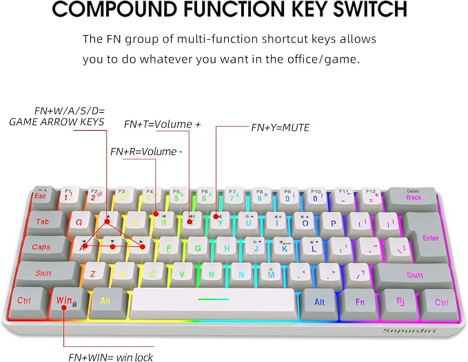 Snpurdiri 60% Wired Gaming Keyboard, 61 Keys RGB (Grey-White) | Backlit Small Gaming Keyboard for PC/Mac Gamer, Typist, Travel, Easy to Carry on Business Trip - Image 4