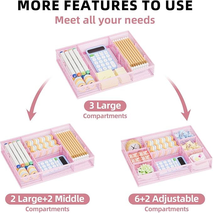 Marbrasse 2 Pack Desk Drawer Organizer, Mesh Drawer Organizer Tray with 8 Adjustable Compartments, Desk Organizers and Accessories, 5 Dividers Drawer for Office Supplies, Makeup & Vanity (Pink) - Image 4