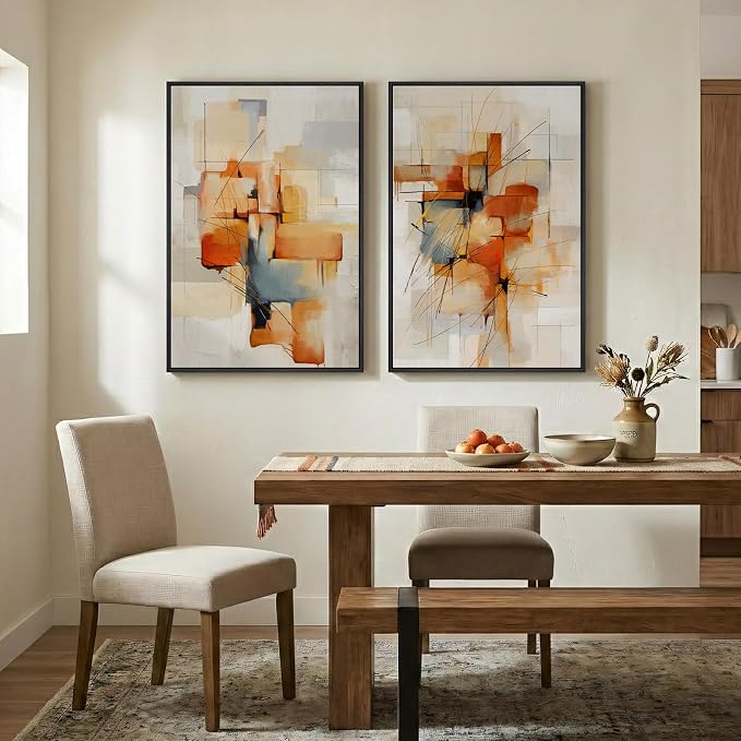 Large Framed Abstract Canvas Wall Art, 2 Piece Modern Prints Paintings Artwork for Walls, Minimalist Blue Orange Block Pictures for Living Room Dining Room Bedroom Hallway Wall Decor 24x36 In - Image 5