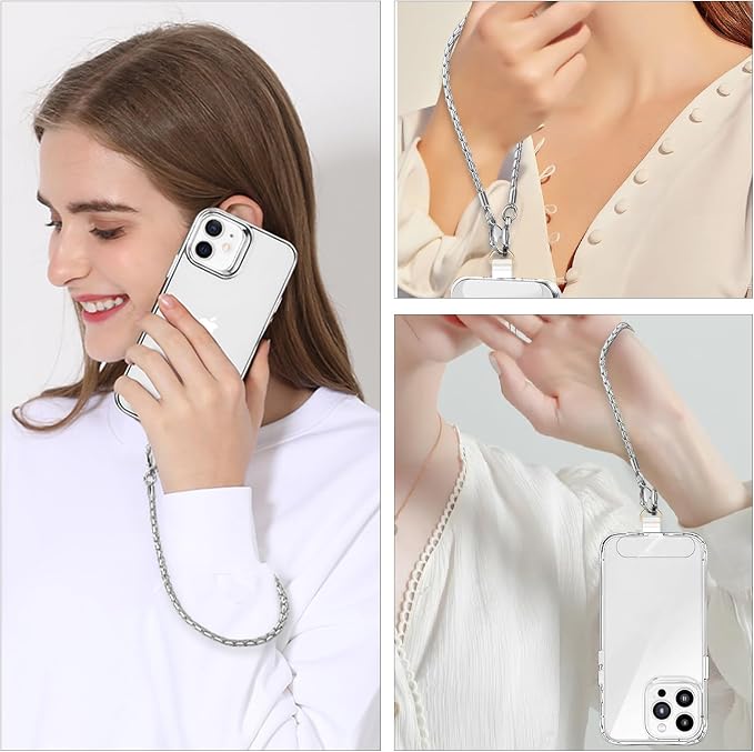 Phone Wrist Strap Metal Phone Chain Lanyard Hand Wristlet Detachable Phones Charm with 3 Tether Tabs with CellPhone Stand Holder Finger Grip Universal for Women Girls Traveling Party Walking Silver - Image 4