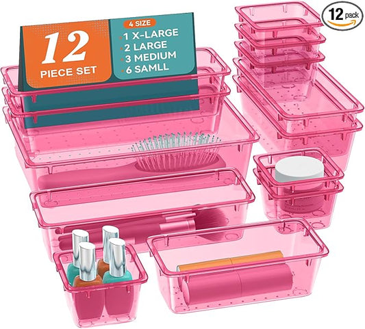 12 PCS Drawer Organizer Set, Makeup Organizers, Tool Storage Trays, Pink | 4 Sizes, Plastic, Stackable, Multiple Gadgets, Desk Drawer Divider Organizers, for Makeup, Office Supplies Storage by Unknown