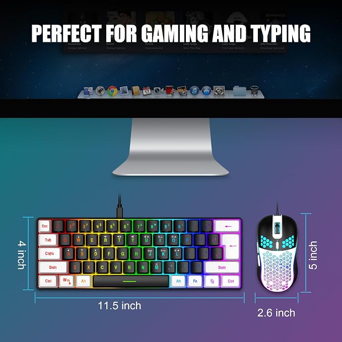 RedThunder 60% Gaming Keyboard and Mouse Combo, Ultra-Compact 61-Key RGB Backlit Mini Keyboard, Lightweight 7200 DPI Honeycomb Optical Mouse, RGB Wired Gaming Set for PC PS5 Xbox Gamer(Black-White) - Image 6