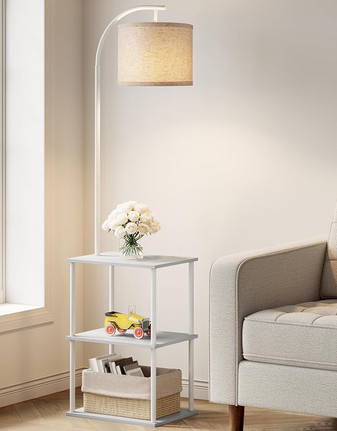 PARTPHONER Floor Lamp with Table, Night Stand with Lamp, Narrow Side Table with 3CCT LED Bulb, Small Coffee Table, Modern End Table with Storage Shelves for Living Room Bedroom Home Décor, White by PARTPHONER