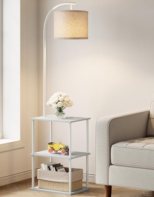 PARTPHONER Floor Lamp with Table, Night Stand with Lamp, Narrow Side Table with 3CCT LED Bulb, Small Coffee Table, Modern End Table with Storage Shelves for Living Room Bedroom Home Décor, White by PARTPHONER