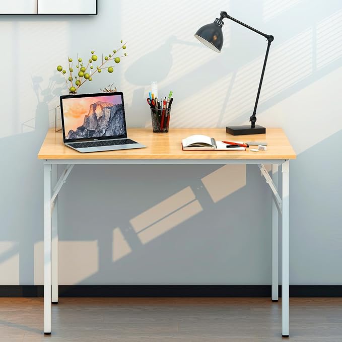 Need Office Computer Desk 39.3 Inch Sturdy Folding Laptop Table Teak | White Frame Writing Gaming Work Table/Foldable Home Office Desk/Sewing Table, No Assembly Required - Image 5