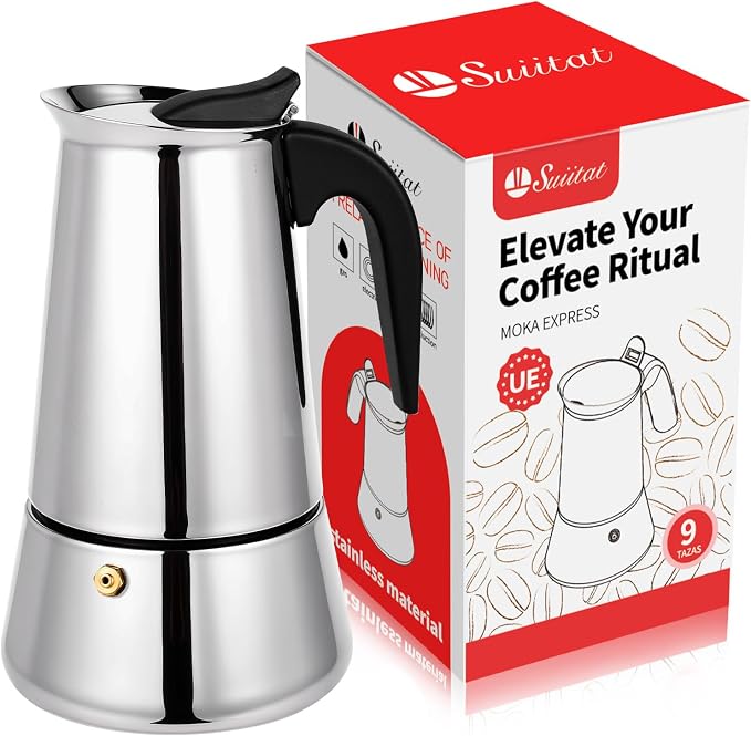 9 Cup Stainless Steel Moka Pot, 450ml Stovetop Espresso Maker, Silver by Suiitat