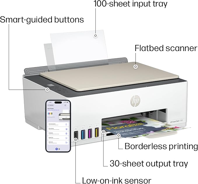 HP Smart Tank 5103 Wireless All-in-One Ink Tank Printer, Scanner,2 Years of Ink, 100 Sheets of Photo Paper Included, Cartridge-Free, Refillable, AI-Enabled (5D1B2A) - Image 12