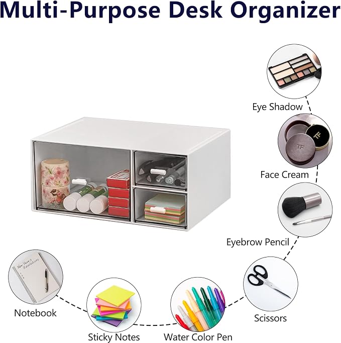 Desk Organizer Stackable Storage Drawers with 3 Compartments Stackable Drawers Great for Desk Storage, Makeup Storage Bathroom Organization Accessories Etc (White) - Image 5