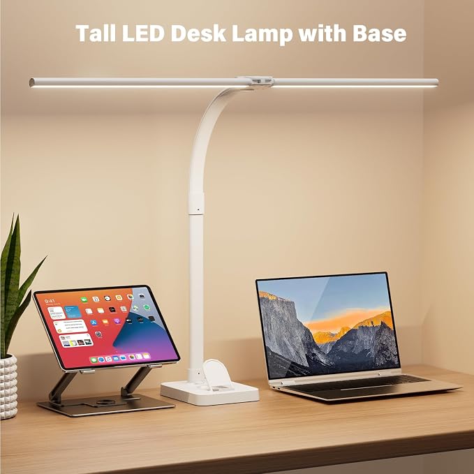 LED Desk Lamp with Base - Bright Dimmable Computer Lamp with Phone Holder, 24W Bendable Desk Light for Monitor Screen, Eye-Caring Tall Desktop Light for Task Home Office Work, White, Dual Head - Image 2