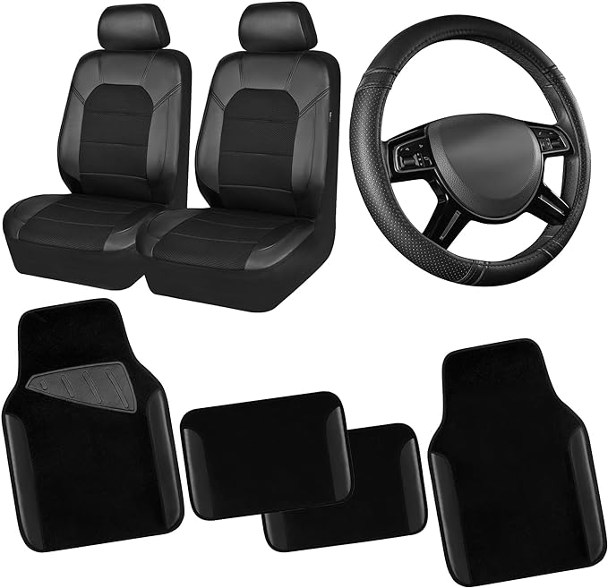 CAR PASS Leather Two Front Car Seat Cover; 4Pcs Waterproof Car Floor Mats & Steering Wheel Cover,Universal Fit Airbag Compatible Automotive Interior Covers (Combo Set, Black) by CARPASS