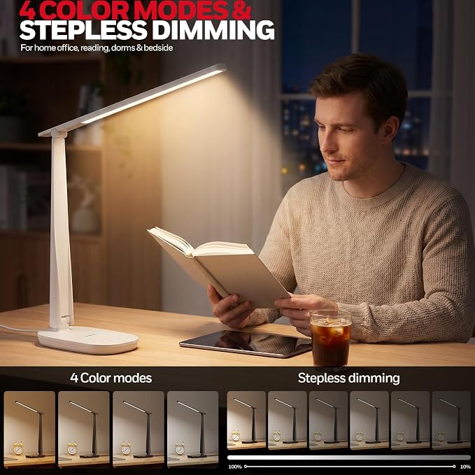 Honeywell LED Desk Lamp for Home Office, Eye-Caring Dimmable Reading Light with 4 Color Modes, Touch Control, USB-A & USB-C Charging Ports, Adjustable Head, Timer for Bedroom & Small Desks - Image 3