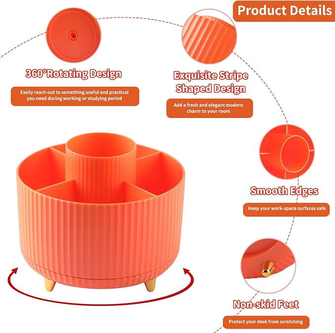 Desk Pencil Pen Holder, 5 Slots 360°Degree Rotating Pen Organizers for Desk, Desktop Storage Stationery Supplies Organizer, Cute Pencil Cup Pot for Office, School, Home, Art Supply, Orange - Image 6
