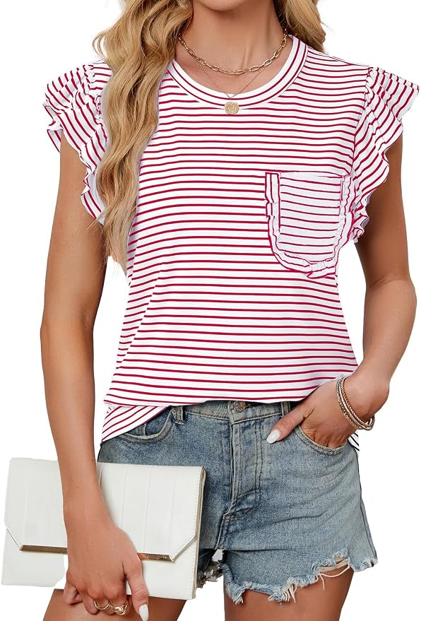 JUSTFASHIONNOW Womens Summer Tops Striped T-Shirts 2026 Ruffle Short Sleeve Crew Neck Casual Blouses with Pocket - Image 4