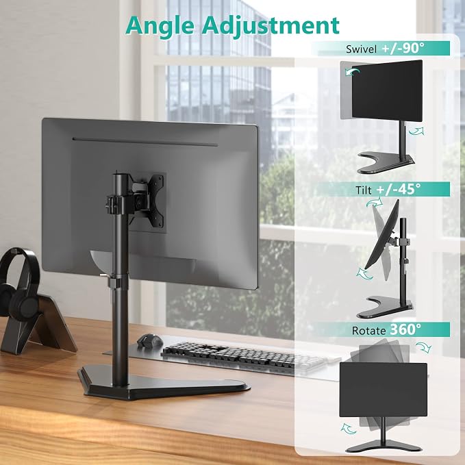 WALI Single Monitor Stand up to 32 Inch Screens, Freestanding Single Monitors Arm Desk Mount, Universal VESA Monitor Mount 75x75/100x100mm, Adjustable Height and Angle (MF001), Black - Image 4